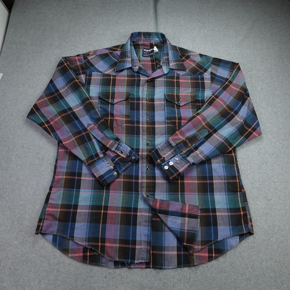 Wrangler Shirt Mens 17.5-36 Multicolor‎ Plaid Cowboy Cut Pearl Snap Western